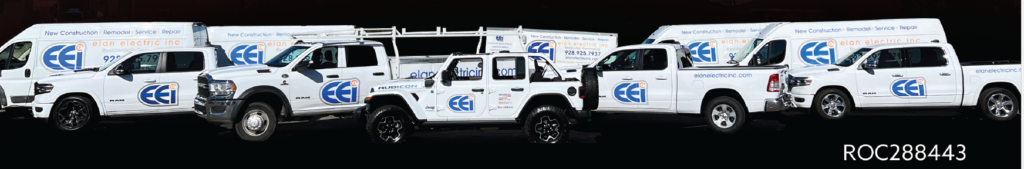 A photo Elan service vehicles including a jeep, dodge trucks and promaster vans