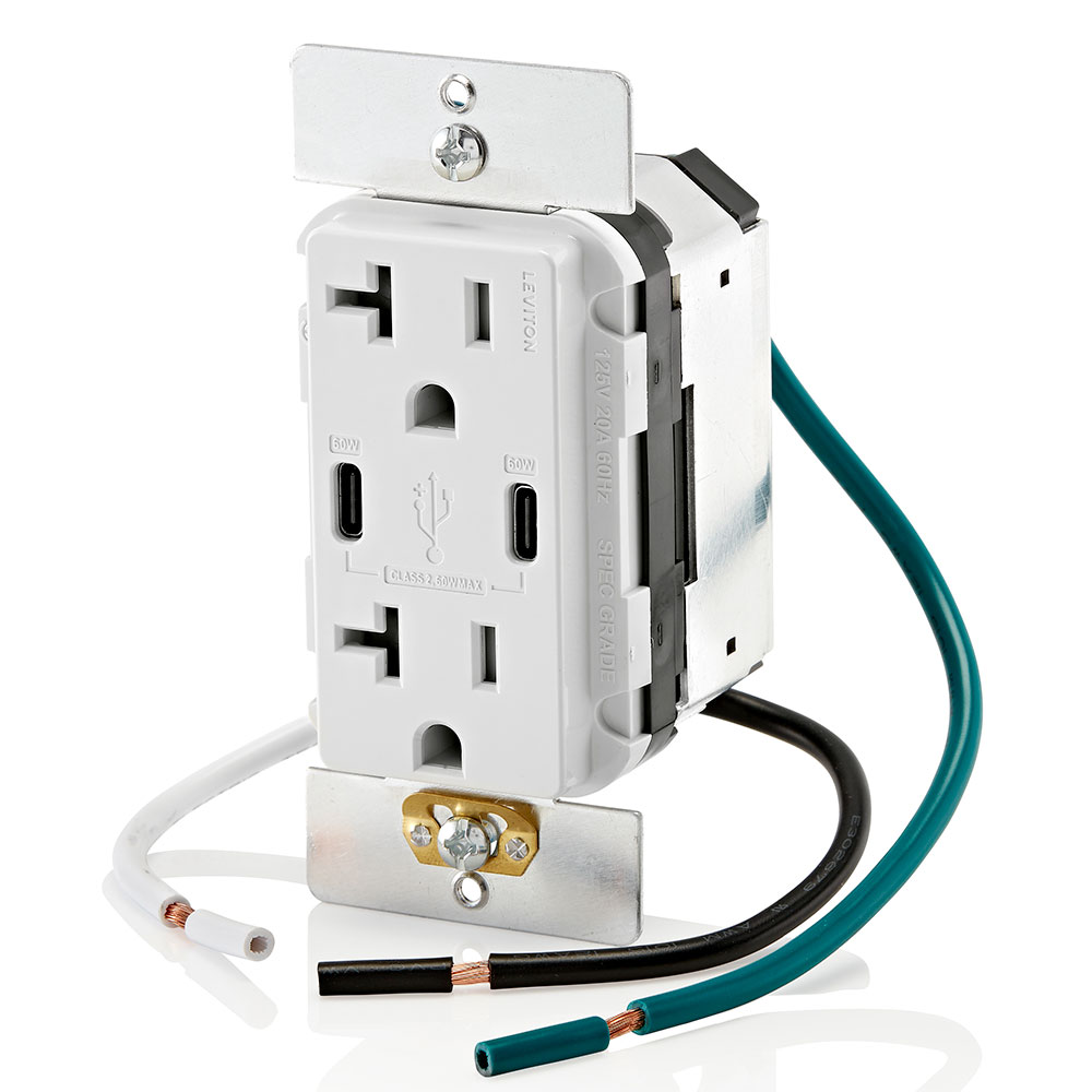 white Leviton Outlet with 2 USB-C 60 watt charged